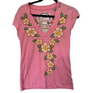 Joystick by Johnny Was (S) Hand Embroidered Boho Floral Pink Tee RARE